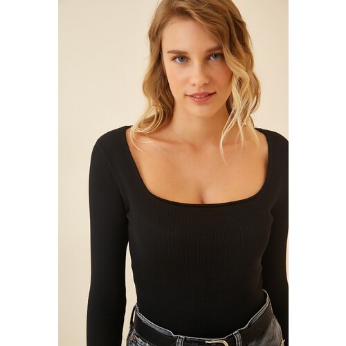  Women's Black Square Collar Corduroy Knitted Blouse Cene