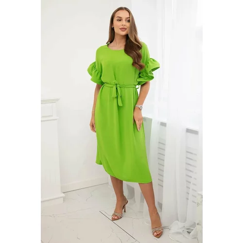 Kesi Dress with a tie at the waist with decorative pistachio sleeves