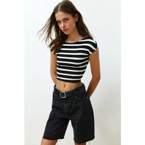 Trendyol Black Striped Crew Neck Moon Sleeve Crop Knitted Blouse