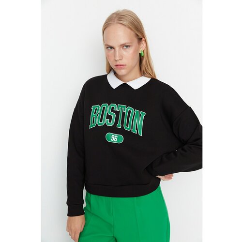 Trendyol Black Printed Boyfriend Raised Knitted Sweatshirt Slike
