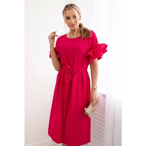 Kesi Dress with a tie at the waist with decorative sleeves in fuchsia color Slike
