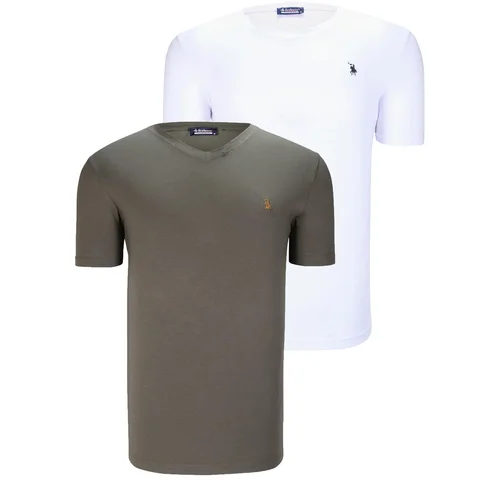 Dewberry DUAL SET T8568 V-NECK MENS T-SHIRT-WHITE-KHAKI