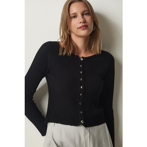  Women&amp;#039;s Black Buttoned Ribbed Knitwear Cardigan Slike