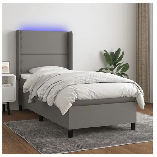  Box spring postelja z vzmetnico LED temno siva 100x200 cm blago