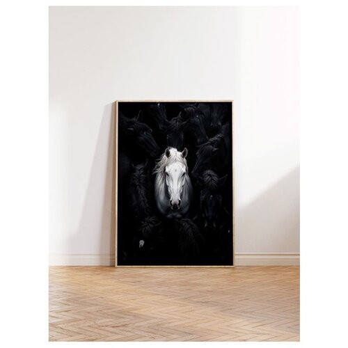 Wallxpert uramljena slika 115190, beli konj među crnim konjima, 30 x 40 cm, ram u boji prirodnog drveta Cene
