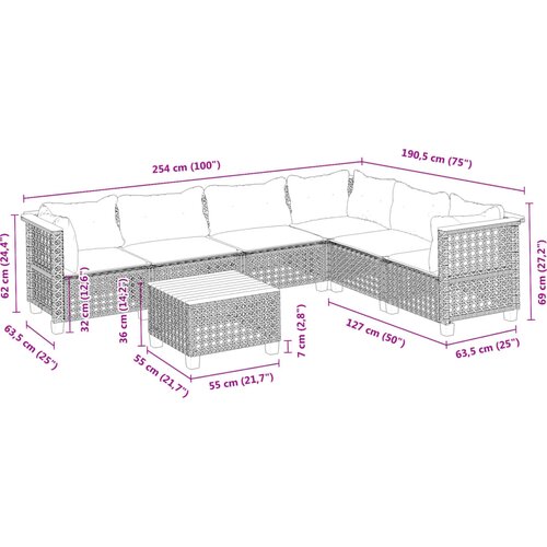  7-dijelni set vrtnih sofa od poliratana s jastucima crni Crna 55 x 55 x 36 cm Slike