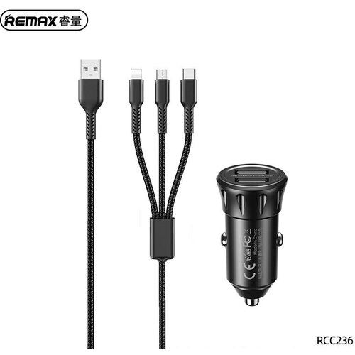 Remax auto punjač 2.4A 2xUSB+ kabl 3 u 1 RCC236, crni Slike