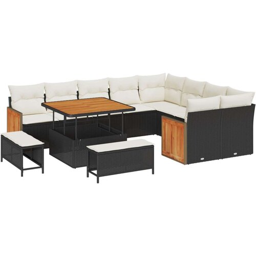  12-dijelna Vrtna Garnitura sa Jastucima Crni Poly Rattan Akacija 3-dijelni Vrtni Set za Jelo sa Jastucima Crni Poly Rattan Akac Slike