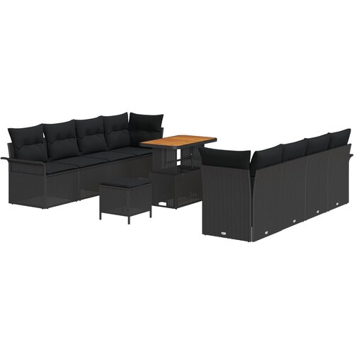vidaXL 11-dijelni Vrtni Set Sjedala s Jastučićima Crni Poli Ratan Akacija, 2-sjedalna Vrtna Sofa s Skladištem i Jastučićima Crni Poli Ratan, 3-dijelni Vrtni Stolni Set s Jastučićima Crni Poli Ratan Akacija Cene