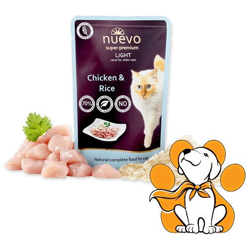 Nuevo super Premium Chicken&Rice Light 85g, Preliv Za Mačke Sklone Gojenju Slike