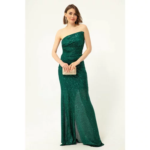 Lafaba Women's Emerald Green Strapless Sequined Long Evening Dress with Slits.