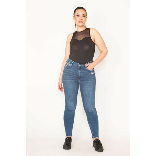 Şans Women's Plus Size Blue Ripped Detail 5 Pocket Lycra Skinny Jeans Slike