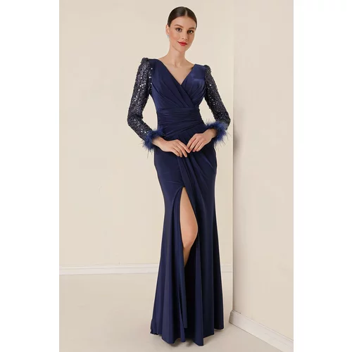 By Saygı Double Breasted Collar Front Draped Sleeves Pulp Feather Detailed Lined Lycra Long Dress Navy Blue