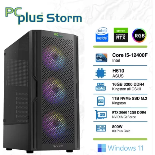 PCPLUS Storm i5-12400F 16GB 1TB NVMe SSD GeForce RTX 3060 12GB RGB Windows 11 Home gaming namizni računalnik