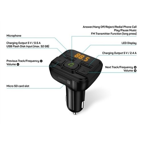 Connect IT CCC-8600-BK - fm predajnik za automobil sa handsfree funkcijom, crne boje Slike
