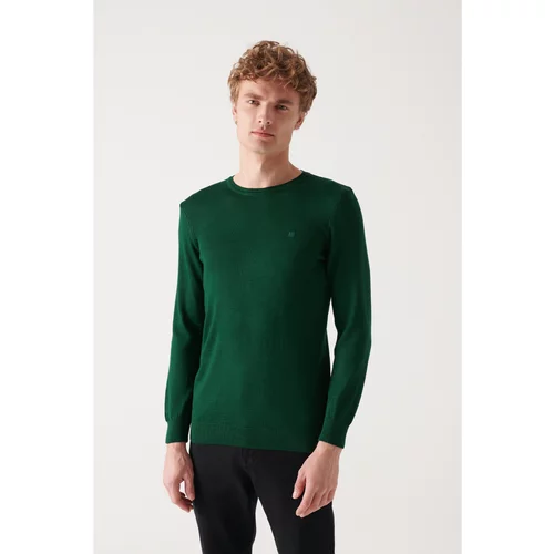 Avva Men's Green Crew Neck Wool Blended Standard Fit Regular Cut Knitwear Sweater
