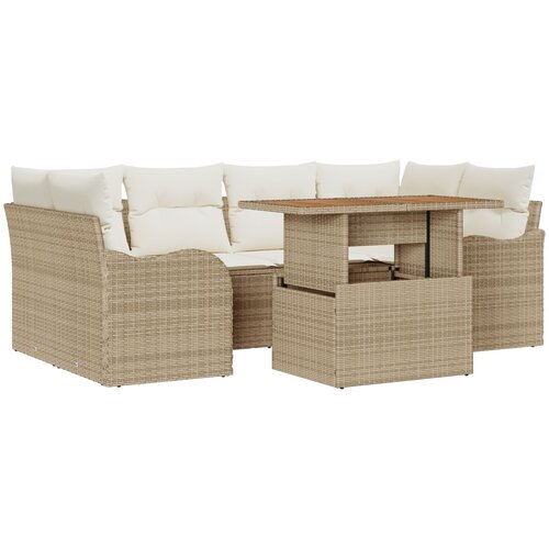 VidaXL Set od 7 dijelova vrtnih sofa s jastučićima bež poli ratan akacija, Dvosjedna vrtna sofa s jastučićima bež poli ratan Slike