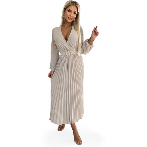 Numoco Pleated midi dress with a neckline, long sleeves and a wide belt Slike