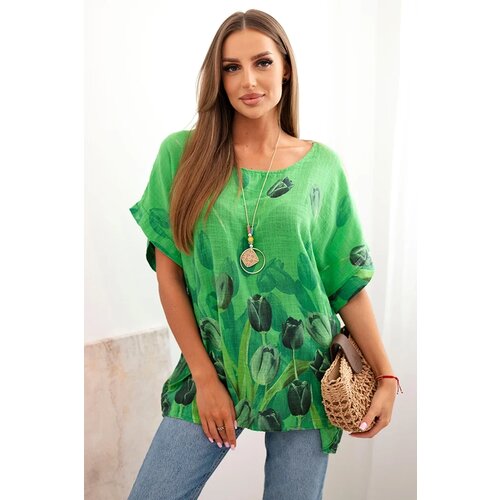 Kesi Włoski Women's cotton shirt with a floral pattern green Cene