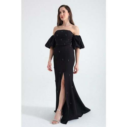 Lafaba Women's Black Pearl Sleeve Detailed Long Evening Dress Slike
