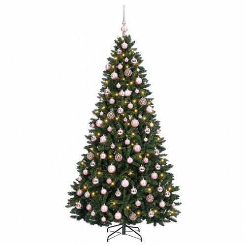  Umjetno božićno drvce tamnozeleno s kuglicama 210 cm - Tamnozelena &amp;Oslash; 106 x 210 cm s 300 LED dioda i ružičastim lopticama Slike