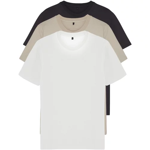 Trendyol Stone-Ecru-Anthracite Men's Basic Slim Fit 100% Cotton 3-Pack T-Shirt