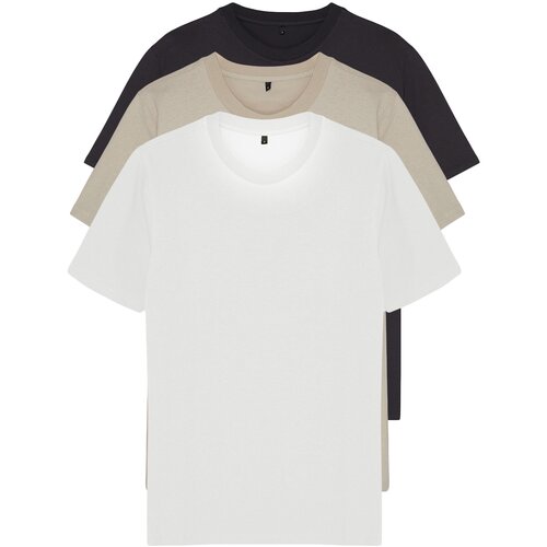 Trendyol Stone-Ecru-Anthracite Men's Basic Slim Fit 100% Cotton 3-Pack T-Shirt Slike