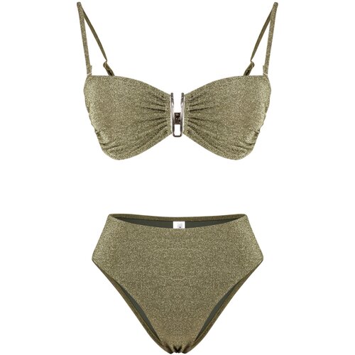 Trendyol Khaki Plain Strapless Accessory Glitter High Waist High Leg Brazilian Bikini Set Slike
