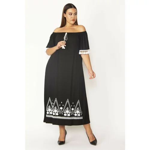 Şans Women's Plus Size Black Collar Elastic And Embroidery Detail Viscose Dress