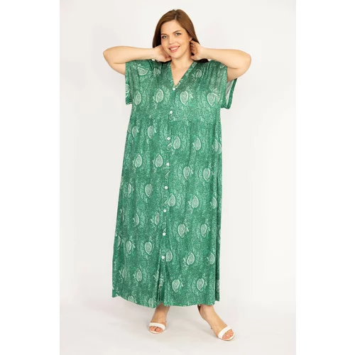 Şans Women's Green Large Size Front Length Button Pocket Long Dress