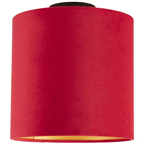 QAZQA Stropna svetilka z velur senco rdeča z zlatom 25 cm - kombinirana črna