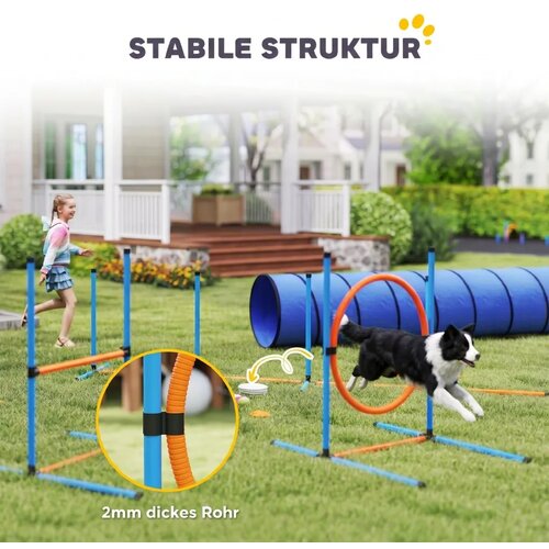  Set za agility trening pasa 8 dijelova s ​​tunelom slalomskim motkama podesivim preponama obručem za skakanje i zdjelom. Slike