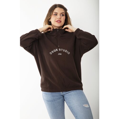 Şans Women's Plus Size Brown Inner Raising Front Pat Zipper Embroidered Sweatshirt Slike