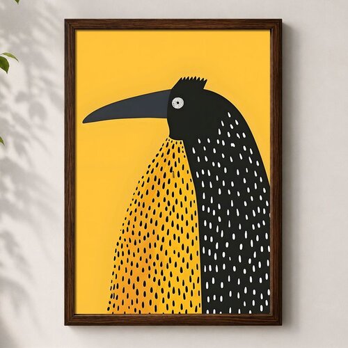 Wallxpert uramljena mdf slika 3752KACT-028, stilizovana crna ptica velikog kljuna na žutoj pozadini, 37 x 52 cm Cene
