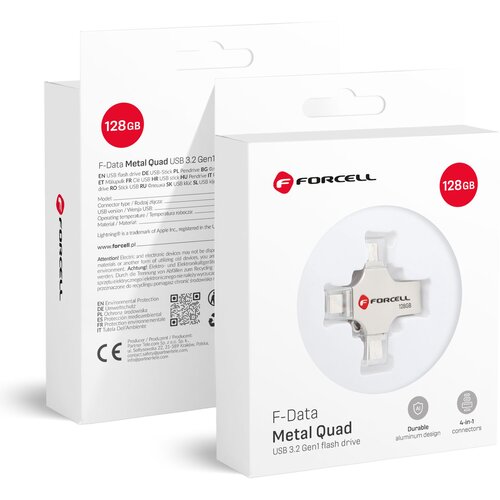 Forcell F-DATA Metal Quad 128 GB USB flash USB 3.2 Gen 1 (USB A/Type C/Lightning/Micro USB) srebrni Slike