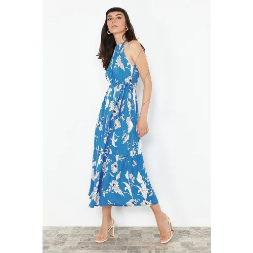 Trendyol Indigo Floral Patterned Shift Halter Neck Halter Neck Shally Maxi Woven Dress