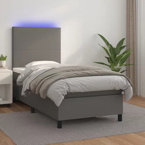 vidaXL Krevet box spring s madracem LED sivi 100x200cm od umjetne kože