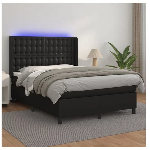  Box spring postelja z vzmetnico LED črna 140x200cm umetno usnje
