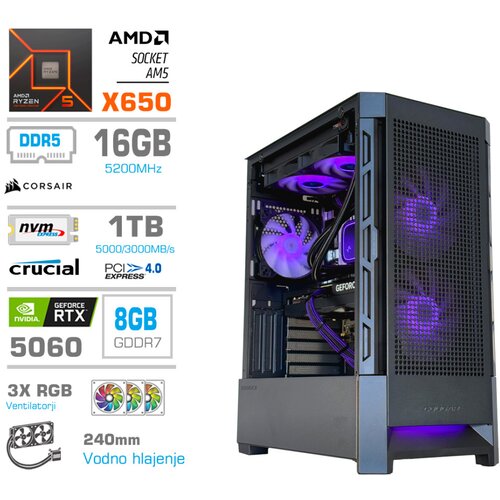 MEGA Računalnik MT S8 R5-9600X/RTX5060/16GB-DDR5/1TB/750W/Brez OS/črna RGB + Estetski napajalni kabli [Vijolična / Črna], (5000264689) Cene