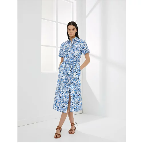 Koton Floral Shirt Dress Midi Buttoned Belted Short Sleeve
