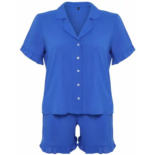 Trendyol Curve Saxe Blue Shirt Collar Frilly Woven Pajamas Set