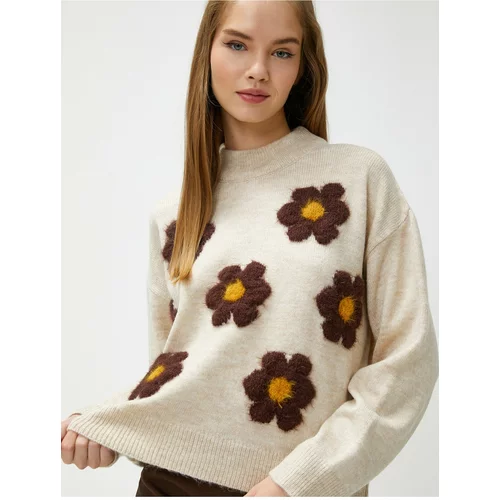 Koton Floral Knitwear Sweater Crew Neck Long Sleeve Ribbed