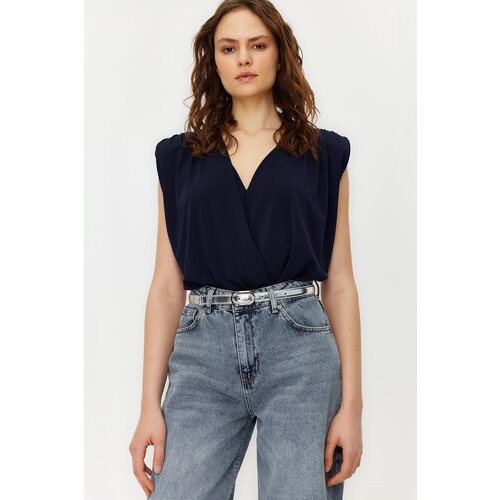 Trendyol Navy Blue Waistband Double Breasted Neck Flexible Snaps Knitted Bodysuit Slike
