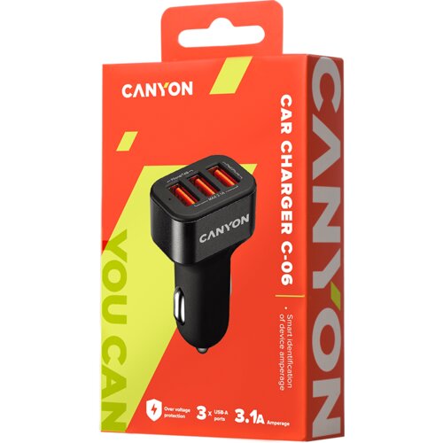 Canyon Mini 3 USB car adapter, Input 12V-24V, Output 5V-3.1A, black rubber coating+black metal ring (side with USB is in plastic) - CNE-CCA06B Cene