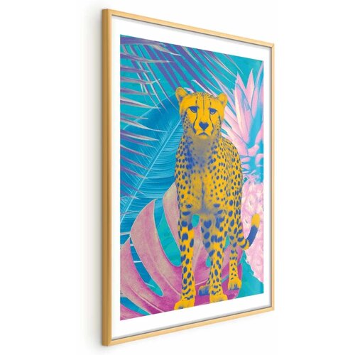 Plakat - Exotic Leopard - colorful portrait of a cheetah against tropical leaves 40x60 Zlatni okvir s margom Cene