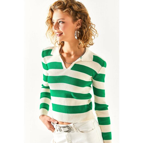 Olalook Women's Grass Green Polo Neck Thick Striped Knitwear Blouse Slike