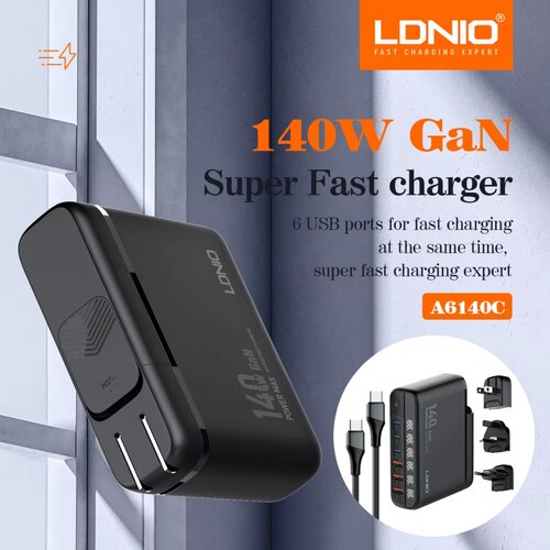Ldnio kućni punjač sa adapterima A6140C gan pps 3xQC3.0 (30W), 3xPD3.0 (100W), 140W max, a type c na type c kablom crni Cene