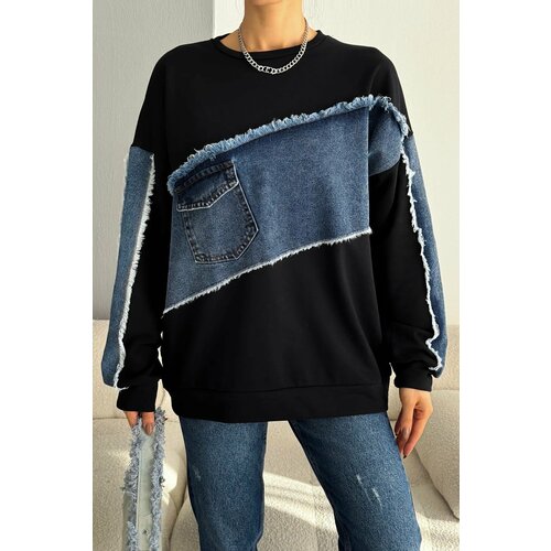 Laluvia Black Asymmetric Denim Detailed Sweatshirt Cene