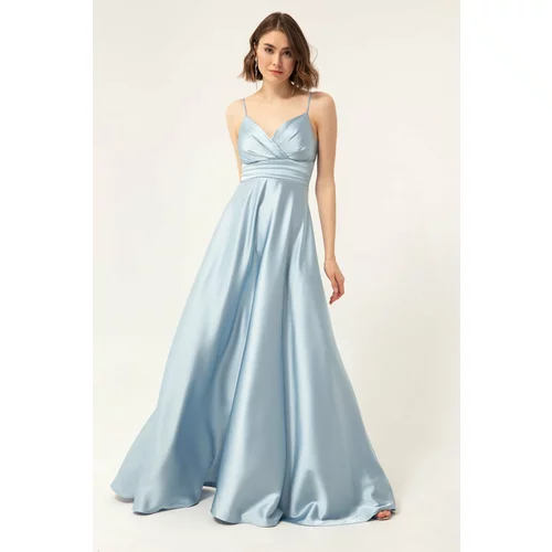 Lafaba Women's Baby Blue Satin Long Evening Dress & Prom Dress with Thread Straps and Waist Belt