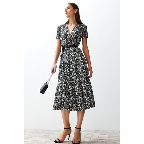 Trendyol Black Floral Double Breasted Skater/Ribbed Flexible Knitted Midi Dress Slike